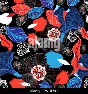 Seamless graphic abstract pattern with fishes Stock Vector