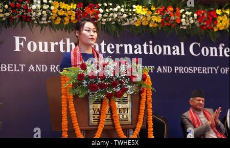 (190620) -- KATHMANDU, June 20, 2019 (Xinhua) -- Chinese Ambassador to Nepal Hou Yanqi (L) addresses an international conference titled 'Belt and Road for development and prosperity of South Asia' in Kathmandu, Nepal, on June 20, 2019. Nepal's Minister for Foreign Affairs Pradeep Kumar Gyawali on Thursday said that South Asian countries can take huge advantage from the China-proposed Belt and Road Initiative. (Xinhua/Sunil Sharma) Stock Photo