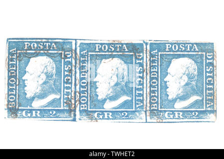 Stripe of 3 Kingdom of Sicily 2 Grana stamps from 1859 isolated on white background. Stock Photo