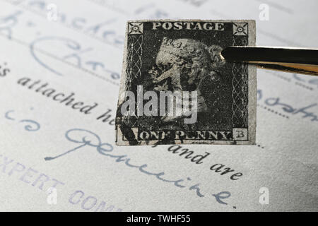 Plate 5 Penny Black with black Manchester cross cancellation. It is the world's first adhesive postage stamp. Stock Photo