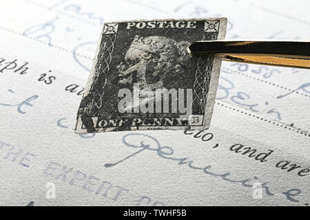 Plate 5 Penny Black with black Manchester cross cancellation. It is the world's first adhesive postage stamp. Stock Photo