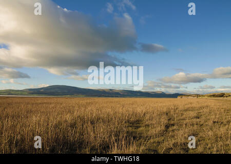 View from the shoreline near Dunnerholme and Askam-In-Furness. Black Combe and Millom viewed across the Duddon Estuary on the Cumbrian Coastline. Stock Photo