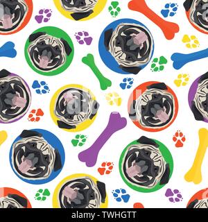 Colorful and playful Pug - Seamless pattern with playful illustration of a dog. The smiling dog is a great gift for dog lovers and dog owners. Stock Vector