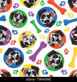 Colorful and playful Dalmatian - Seamless pattern with playful illustration of a dog. The smiling dog is a great gift for dog lovers and dog owners. Stock Vector