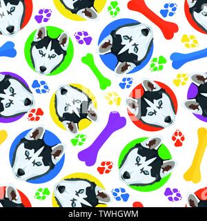 Colorful and playful Husky - Seamless pattern with playful illustration of a dog. The smiling dog is a great gift for dog lovers and dog owners. Stock Vector