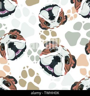 Dog paws pattern English Bulldog - Seamless pattern with playful illustration of a dog and paw prints. The smiling dog is a great gift for dog owners. Stock Vector