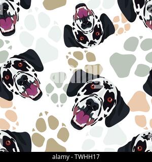 Pattern Dog paws Dalmatian - Seamless pattern with playful illustration of a dog and paw prints. The smiling dog is a great gift for dog owners. Stock Vector