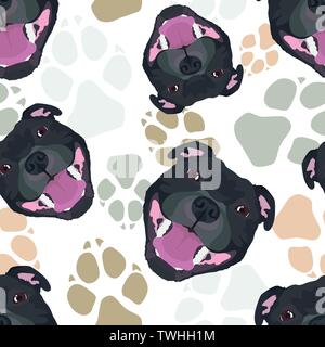 Dog paws pattern Staffordshire Bull Terrier - Seamless pattern with playful illustration of a dog and paw prints. The smiling dog is a great gift for Stock Vector