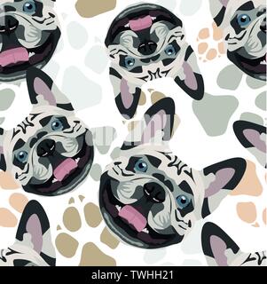 Pattern Dog Paws French Bulldog - Seamless pattern with playful illustration of a dog and paw prints. The smiling dog is a great gift for dog owners. Stock Vector