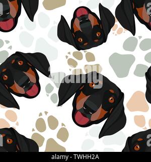 Dog paws pattern Dachshund - Seamless pattern with playful illustration of a dog and paw prints. The smiling dog is a great gift for dog owners. Stock Vector