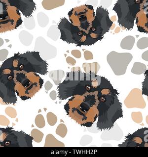 Dog paws pattern Dachshund - Seamless pattern with playful illustration of a dog and paw prints. The smiling dog is a great gift for dog owners. Stock Vector