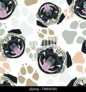 Pattern Pug Dog paws - Seamless pattern with playful illustration of a dog and paw prints. The smiling dog is a great gift for dog owners. Stock Vector