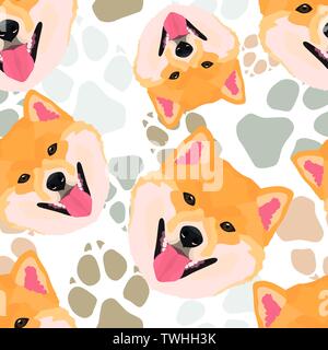 Pattern Dog Paws Shiba Inu - Seamless pattern with playful illustration of a dog and paw prints. The smiling dog is a great gift for dog owners. Stock Vector