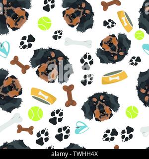 Smiling Dog Dachshund - Seamless pattern with playful illustration of a dog and paw prints. The smiling dog is a great gift for dog owners. Stock Vector