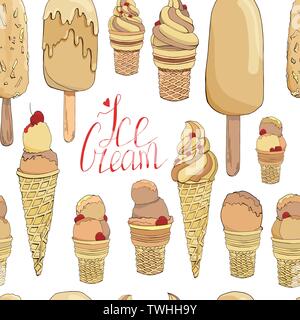 Vector seamless pattern. Endless texture with hand drawn ice cream. Chocolate eskimo pie. Used for bar, cafe, menu, ice cream or sweet shop Stock Vector