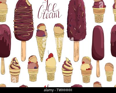 Vector seamless pattern. Endless texture with hand drawn ice cream in waffle cone. Chocolate eskimo pie. Used for bar, cafe, menu, ice cream or sweet Stock Vector