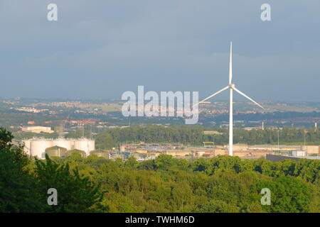 A wind turbine at Knostrop Water Treatment Plant in Cross Green,Leeds, UK Stock Photo