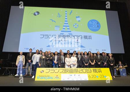 June 20, 2019 - Yokohama, Japan - Guests and organizers pose for the cameras during the opening ceremony for the Festival du Film Francais au Japon 2019 at Yokohama Minato Mirai Hall. This year, 16 movies will be screened during the annual film festival which runs from June 20 to 23. (Credit Image: © Rodrigo Reyes Marin/ZUMA Wire) Stock Photo