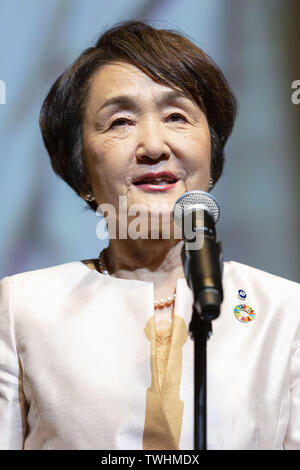 June 20, 2019 - Yokohama, Japan - Fumiko Hayashi mayor of Yokohama speaks during the opening ceremony for the Festival du Film Francais au Japon 2019 at Yokohama Minato Mirai Hall. This year, 16 movies will be screened during the annual film festival which runs from June 20 to 23. (Credit Image: © Rodrigo Reyes Marin/ZUMA Wire) Stock Photo