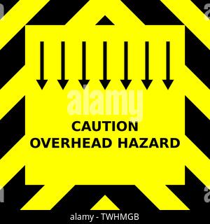 Seamless vector graphic of black upward pointing chevrons on a yellow background with the wording Caution Overhead Hazard Stock Vector