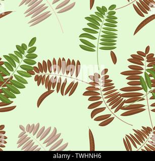 Autumn acacia leaf seamless pattern. Soft pastel light green background and bench with green, broun and yellow leaves for wallpapers Stock Vector