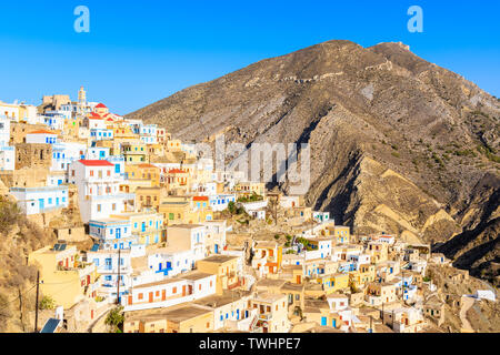 Colorful houses of Olympos mountain village on Karpathos island, Greece Stock Photo