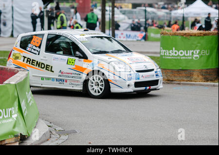 STRASBOURG, FRANCE - OCT 3, 2013: Yannick Wendling of France compete in Citroen C2 R2 during Super Special Stage 1 of the WRC France Stock Photo