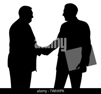 Two businessmen shaking hands and one of them holding folder with contract Stock Vector