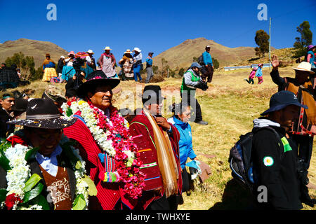 Bolivia 20th June 2019: Bolivian president Evo Morales Ayma (centre) leads an International Hike along a section of the Qhapaq Ñan Inca road near Desaguadero. The event was organised by the Ministry of Cultures & Tourism to promote tourism and Bolivia's indigenous cultures. Stock Photo