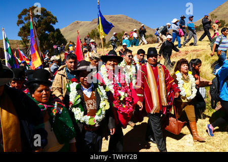 Bolivia 20th June 2019: Bolivian president Evo Morales Ayma (centre) leads an International Hike along a section of the Qhapaq Ñan Inca road near Desaguadero. The event was organised by the Ministry of Cultures & Tourism to promote tourism and Bolivia's indigenous cultures. Stock Photo