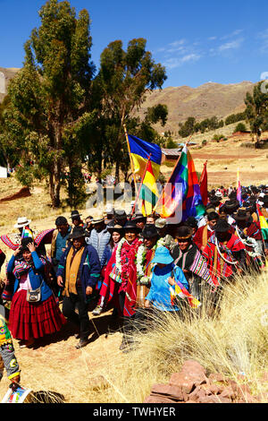 Bolivia 20th June 2019: Bolivian president Evo Morales Ayma (centre) leads an International Hike along a section of the Qhapaq Ñan Inca road near Desaguadero. The event was organised by the Ministry of Cultures & Tourism to promote tourism and Bolivia's indigenous cultures. Stock Photo