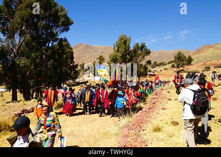 Bolivia 20th June 2019: Bolivian president Evo Morales Ayma (centre) leads an International Hike along a section of the Qhapaq Ñan Inca road near Desaguadero. The event was organised by the Ministry of Cultures & Tourism to promote tourism and Bolivia's indigenous cultures. Stock Photo