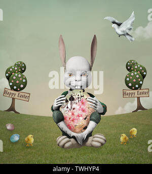 White rabbit with easter eggs sitting in a surreal green meadow Stock Photo