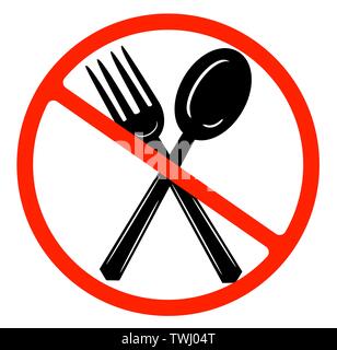 Eat sign icon. Cutlery symbol. Fork and spoon. Red prohibited sign. Stop symbol. No food while fasting in ramadan. Stock Vector