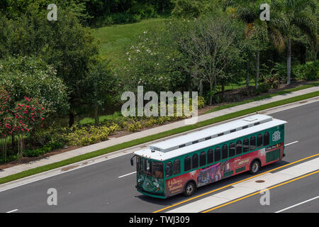 Orlando, Florida. June 05, 2019. View of green trolley in International Drive . Stock Photo