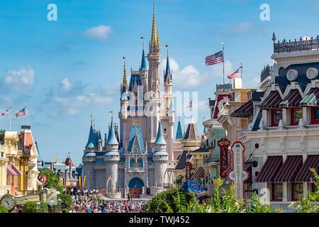 Orlando, Florida. May 10, 2019. Top view of Main Street and Cinderella Castle in Magic Kingdom at Walt Disney World Stock Photo