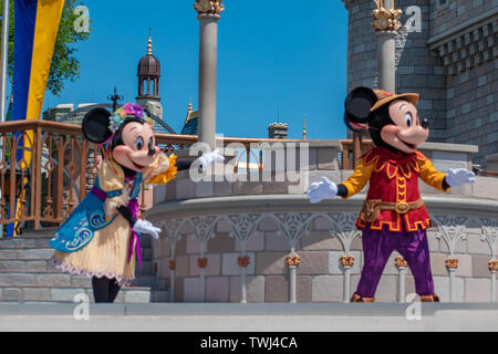 Orlando, Florida. May 17, 2019. Mickey and Minnie on Mickey's Royal Friendship Faire on Cinderella Castle in Magic Kingdom Stock Photo
