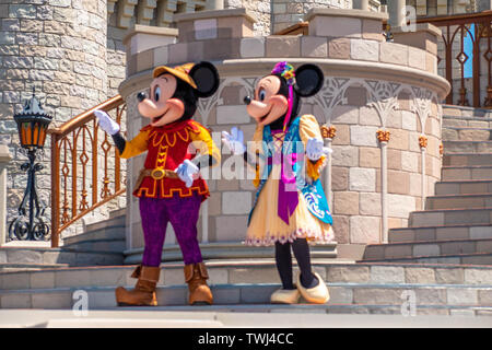 Orlando, Florida. May 17, 2019. Mickey and Minnie on Mickey's Royal Friendship Faire on Cinderella Castle in Magic Kingdom Stock Photo