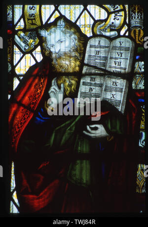 Stained glass window, Moses, Ten Commandments, St Peter's, Tewin, Herts. Stock Photo