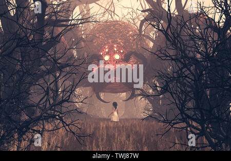 Girl looking at giant spider in creepy forest,3d rendering Stock Photo