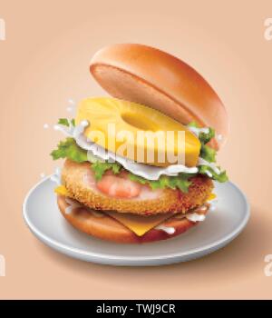 Shrimp burger isolated on beige background in 3d illustration Stock Vector