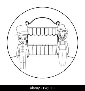 circus presenter male with clown and tent circus vector illustration design Stock Vector