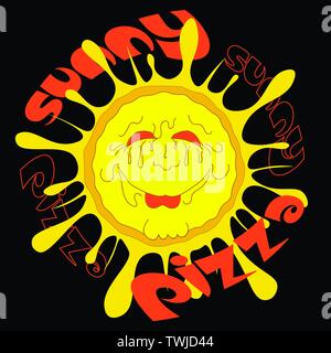 solar pizza logo or sticker on black background with face Stock Vector