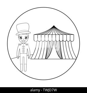 circus presenter male with tent circus in frame circular vector illustration design Stock Vector