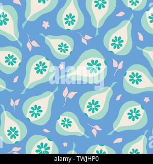 Seamless repeat of hand drawn green pears and pink leaves. A summer vector pattern of fruit and foliage. Stock Vector