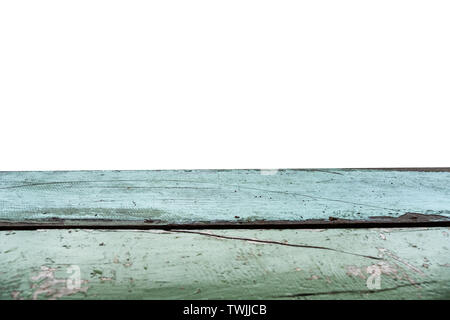 Green or blue aged weathered wooden table top on white background Stock Photo