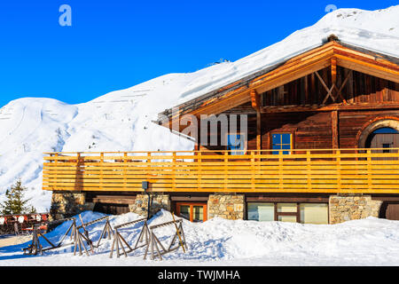 View of mountain hut restaurant on ski slope in Austrian Alps in beautiful winter season, Serfaus Fiss Ladis, Tirol, Austria. Stock Photo