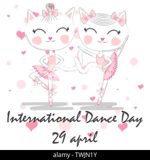 International Dance Day. April 29. Design template or greeting card. A pair of cute white ballerina cats in pink ballet tutu and pointe Stock Vector