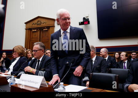 Beijing, USA. 19th June, 2019. Retired airline captain Chesley Sullenberger (front, 1st R), who successfully landed a disabled commercial airliner on the Hudson River in 2009, arrives during the hearing on 'Status of the Boeing 737 MAX: Stakeholder Perspectives' on Capitol Hill in Washington, DC, the United States, on June 19, 2019. Credit: Ting Shen/Xinhua/Alamy Live News Stock Photo