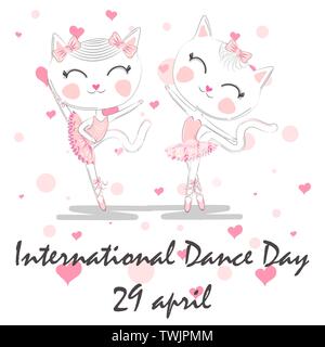 International Dance Day. April 29. Design template or greeting card. A pair of cute white ballerina cats in pink ballet tutu and pointe Stock Vector